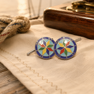 Unusual Compass Rose Cufflinks – Colorful Enamel Nautical Design, Steel
