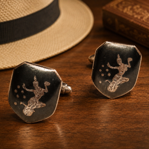 Siam Sterling Silver Niello Cufflinks with Mekkala Motif | Made in Siam, c. 1950s–60s